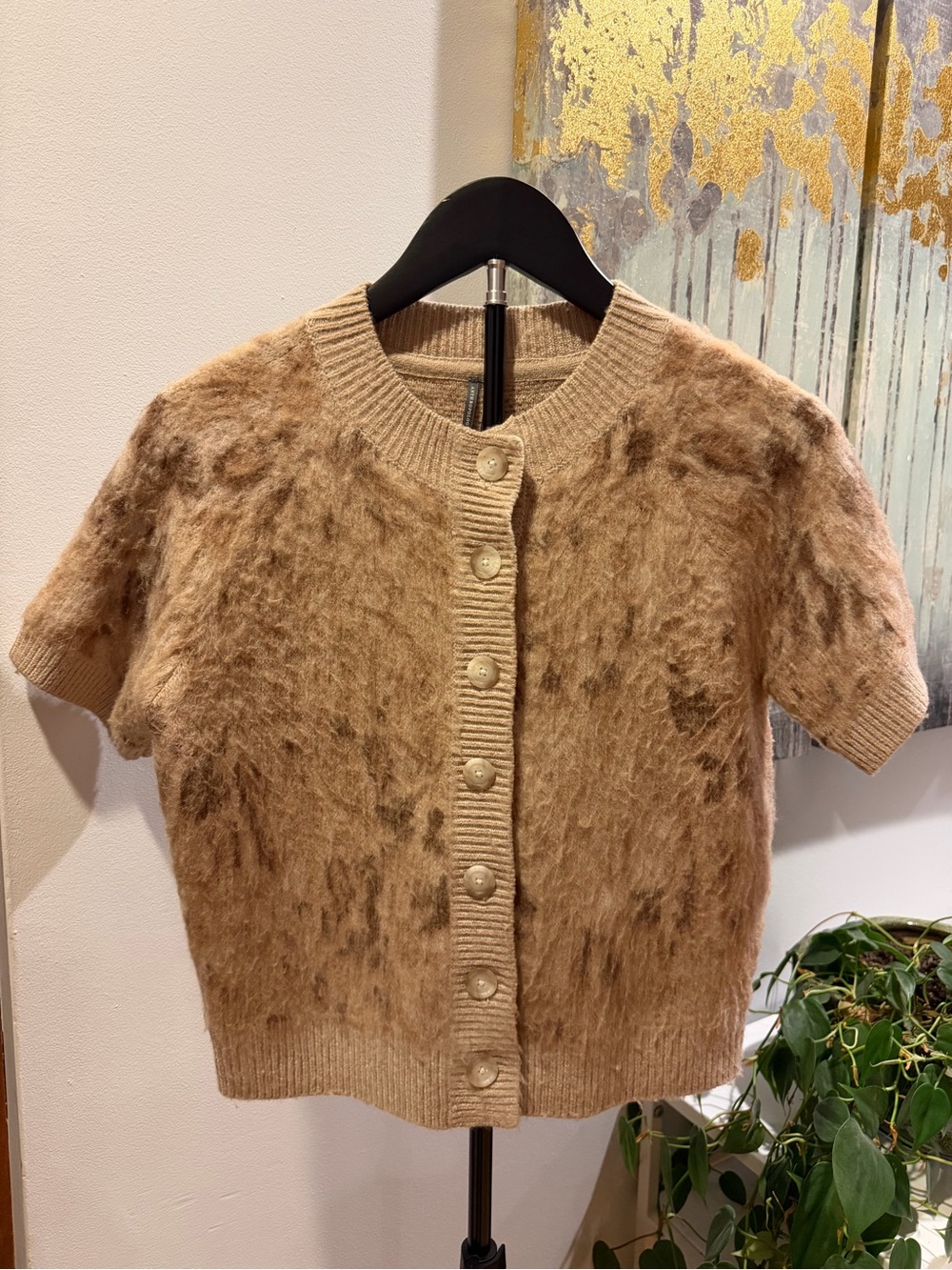 Anthropologie Fuzzy Cardigan Sweater Camel Brown Short Sleeve Button Front Small
